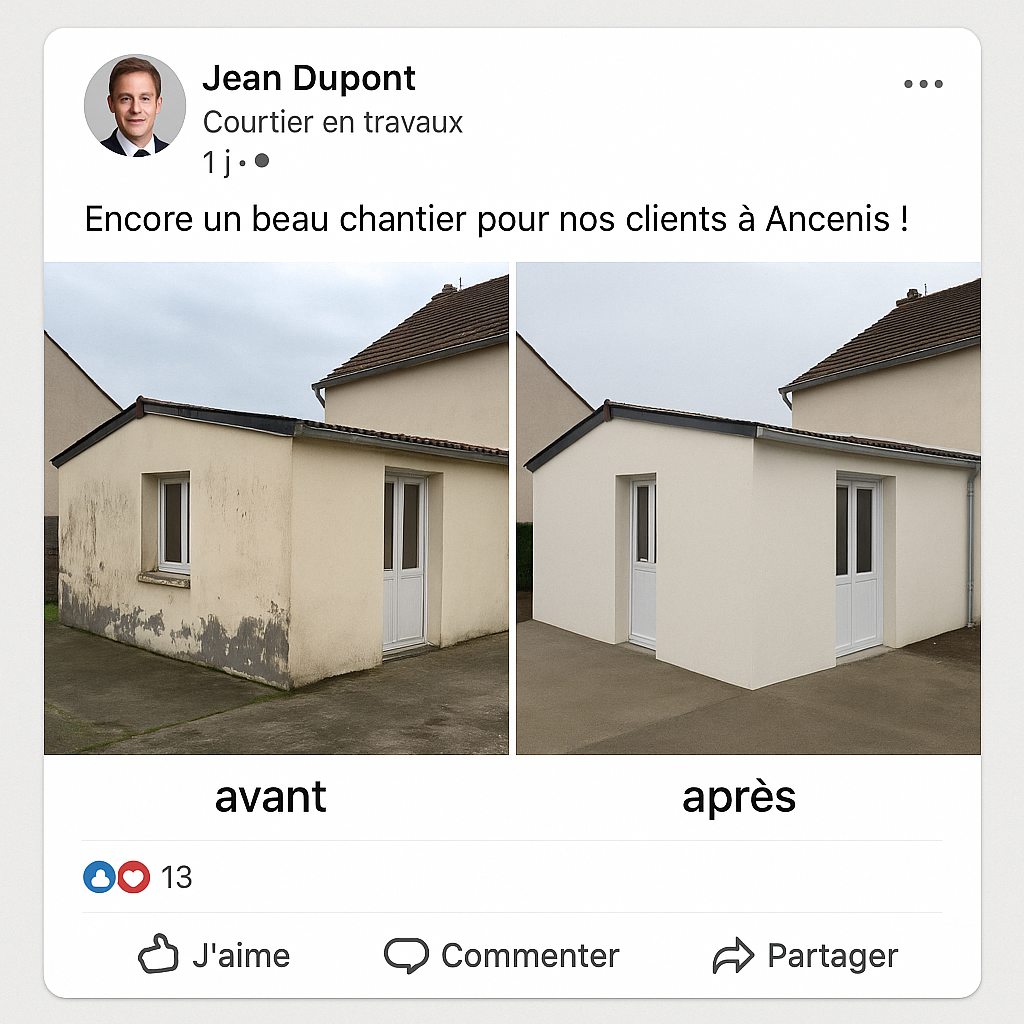 Caricature d’un post LinkedIn inutile dans le BTP à Ancenis, illustrant les erreurs fréquentes des entreprises en matière de visibilité commerciale