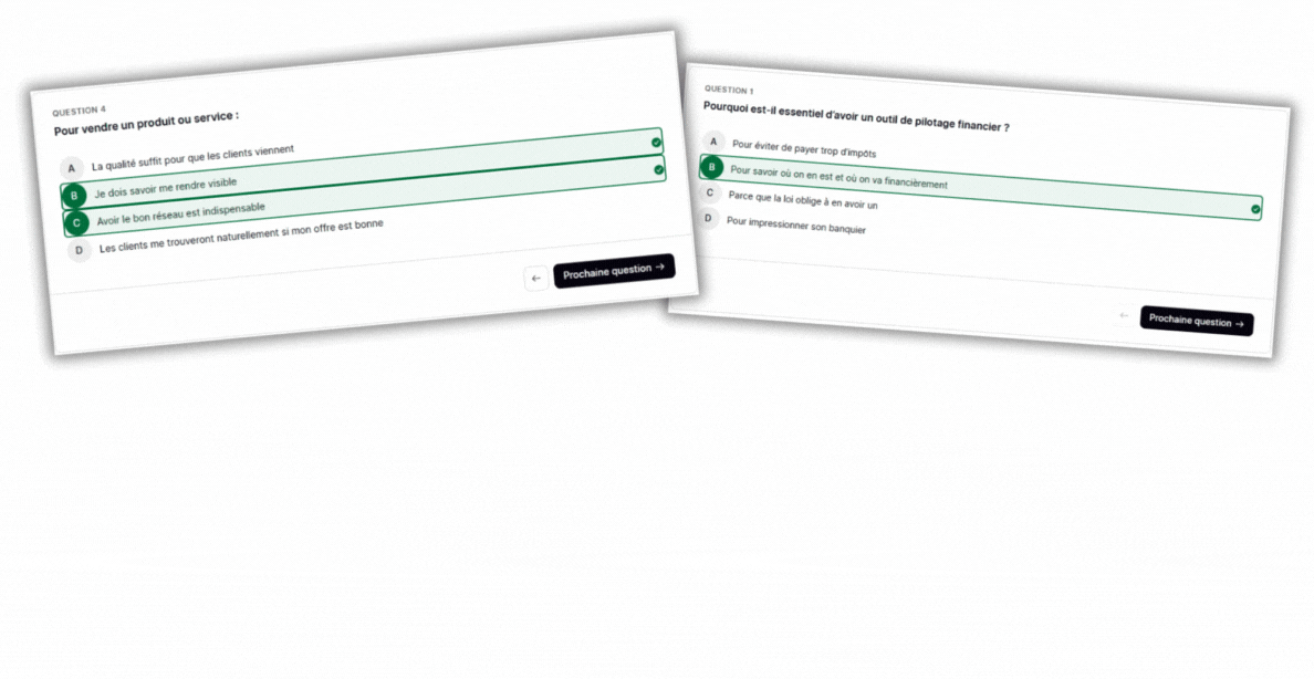 3 fenetres de quiz extraites de la formation ENTREPRENDRE™ : Ton entreprise travaille pour toi et pas l'inverse